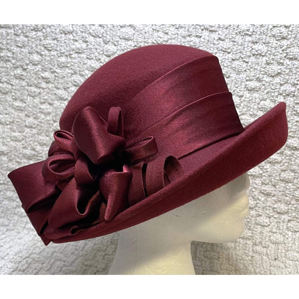 Deborah Fashions Burgundy Wool Felt Fedora Hat NWT OS Large Bow Church Dress